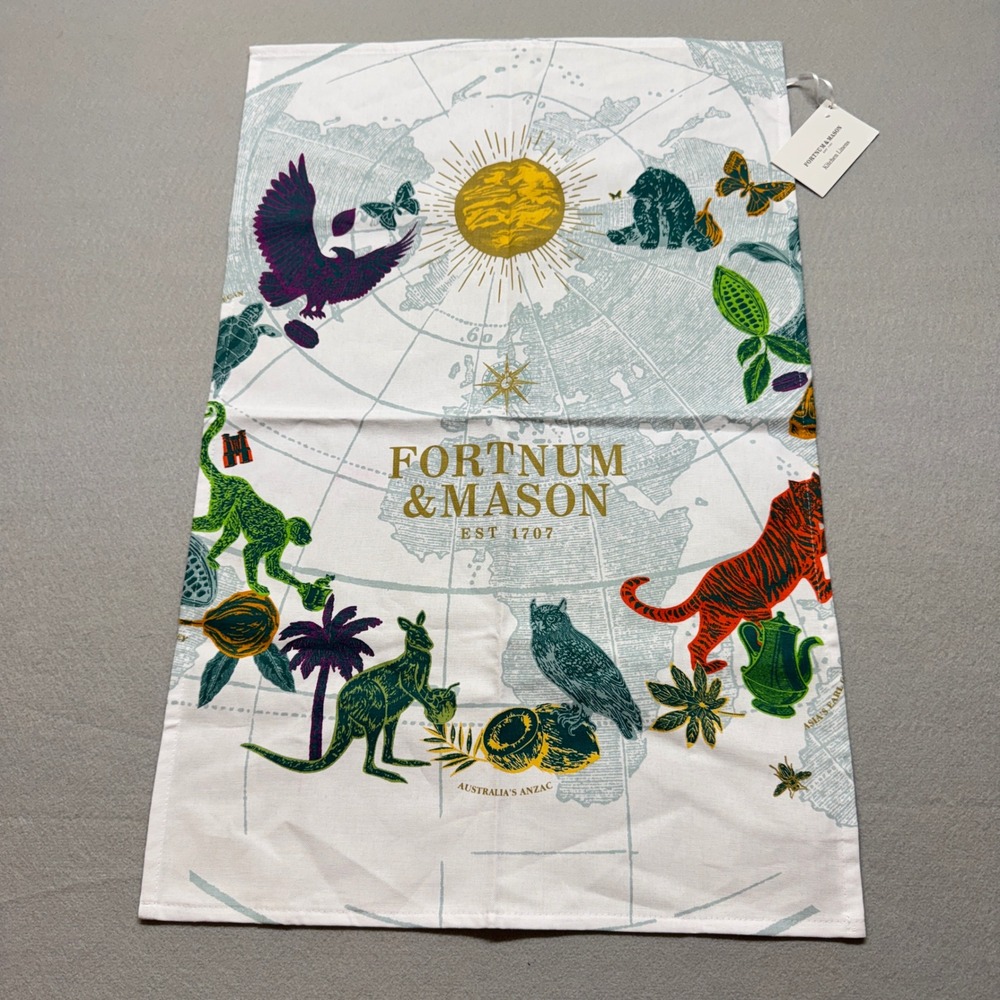 Fortnum & Mason Explorers Cotton Tea Towel Made in UK World Map Animals New